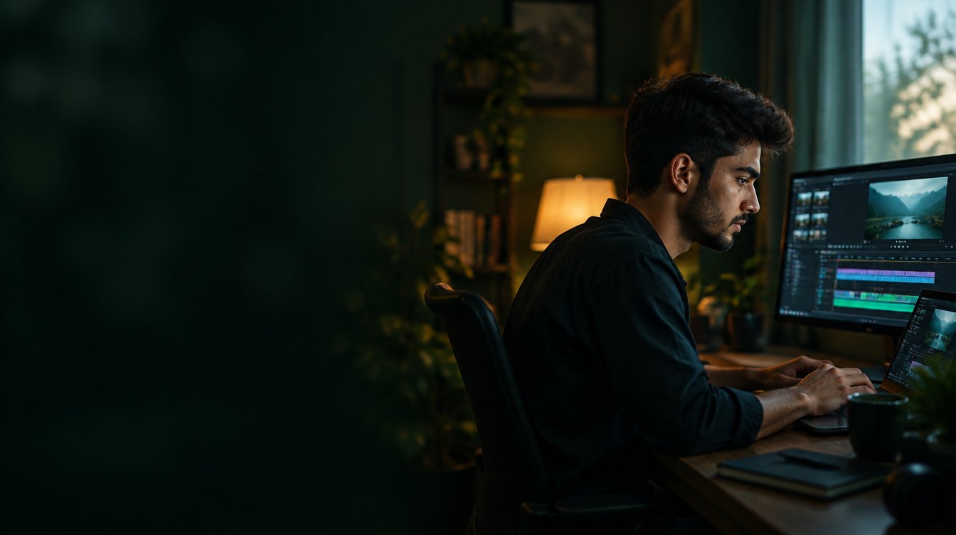 A young Pakistani learner editing video at his desk