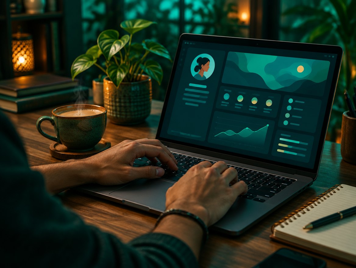 A young freelancer working on a laptop at home
