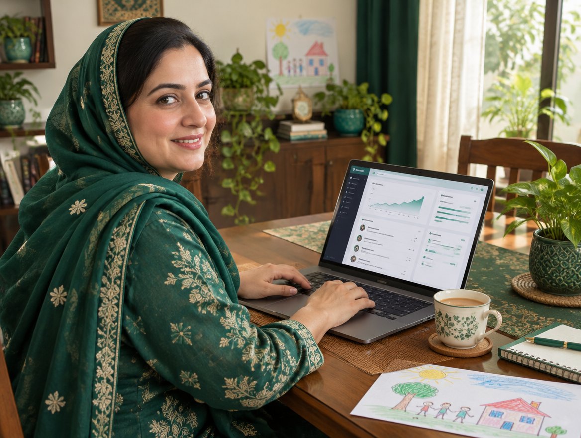 A Pakistani housewife learning online at home