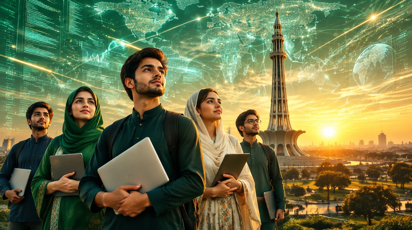 Young Pakistani students with laptops at Minar-e-Pakistan, looking toward a digital future